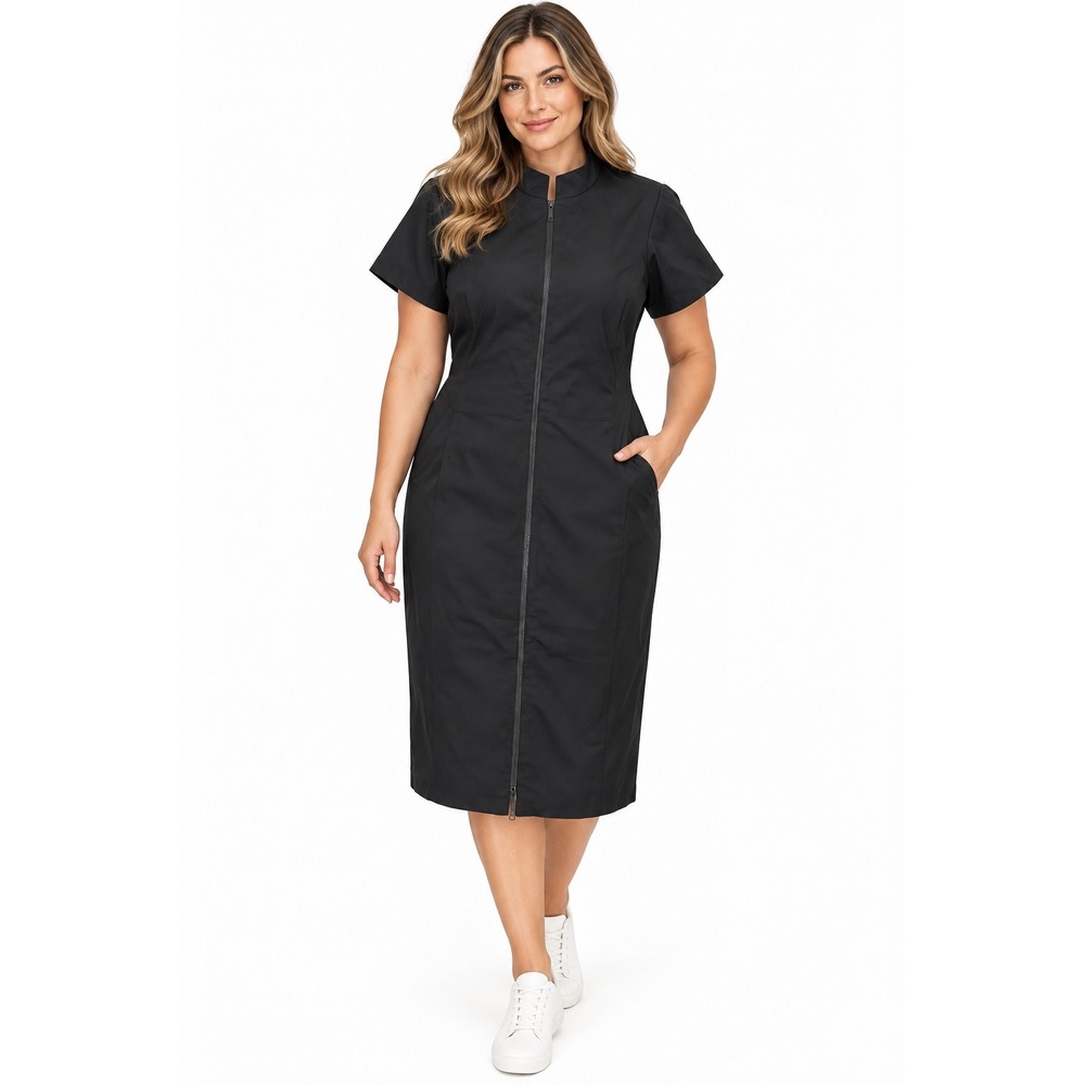 Lafayette 148 New York Black Front Zip Sheath Dress Mock Neck Short Sleeve 12